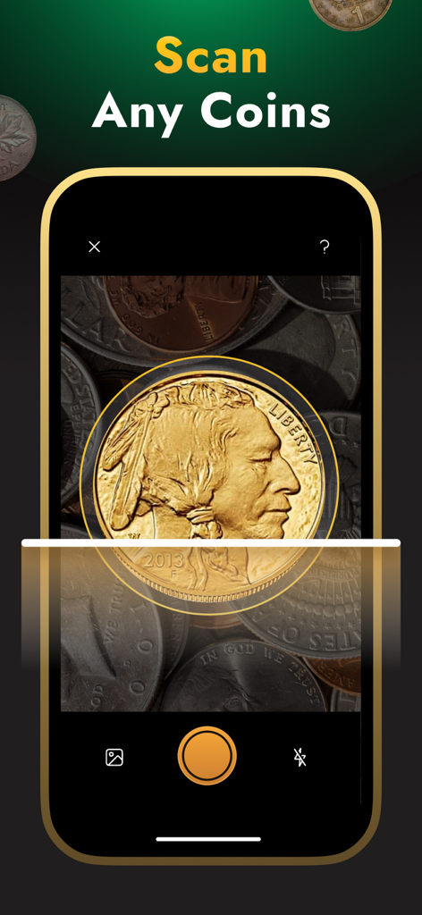 Coin Identifier: Value Checker - A smartphone screen scanning a gold coin to identify its value