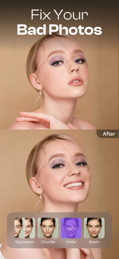 Starii-AI Beauty Editor - Before and after comparison of a woman using the Starii app to change her neutral facial expression to a smile