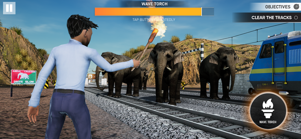 A character in Indian Train Simulator waving a fire torch to clear elephants from the railway tracks