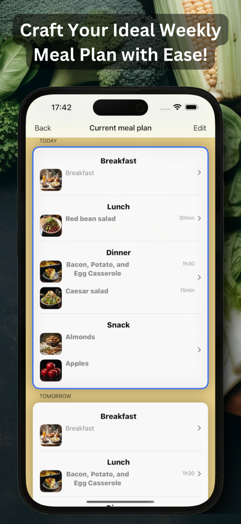 Smartphone display showing a weekly meal plan with breakfast lunch and dinner recipes and photos