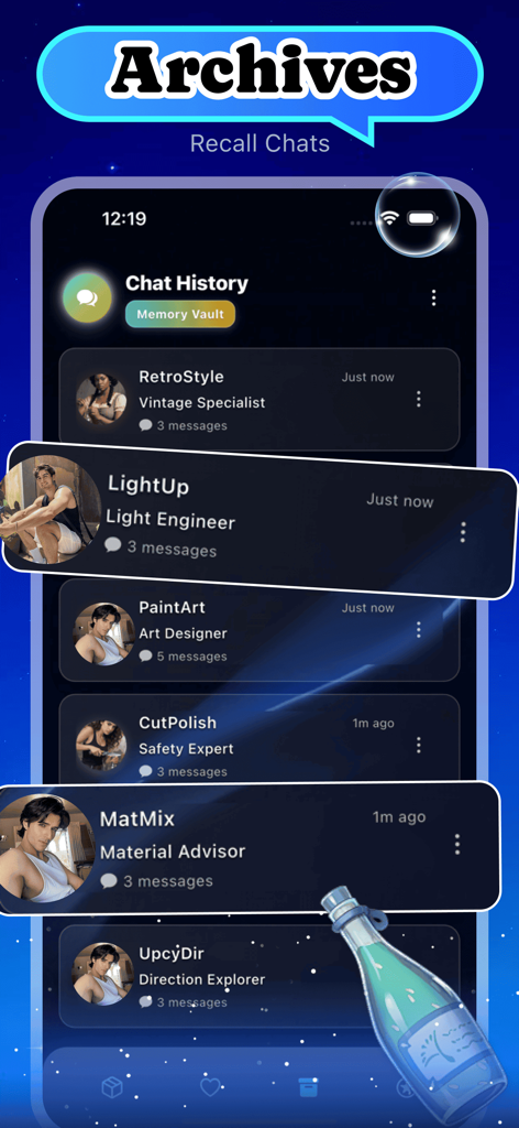 Gzzx - Gzzx mobile app screen showing archived chat history with specialized AI crafting assistants