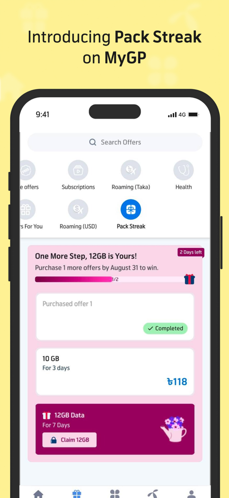 Screenshot of the MyGP app showing the Pack Streak loyalty feature and data package offers.