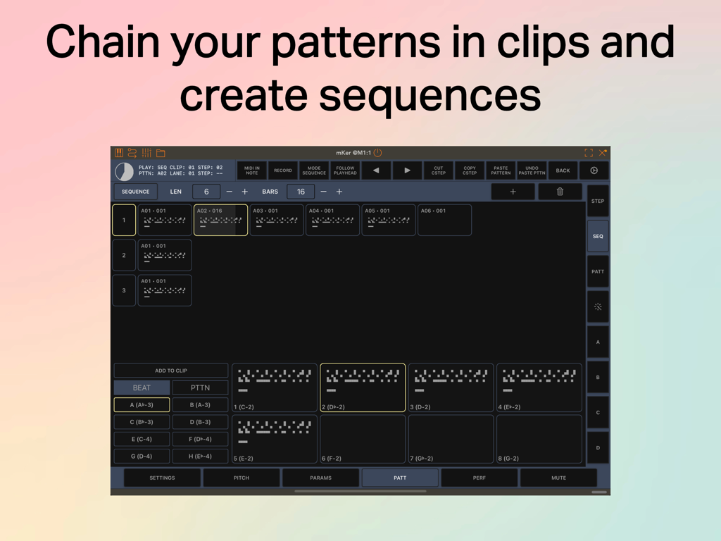 mKer - Interface of the mKer app showing pattern chaining and sequence creation on iPad