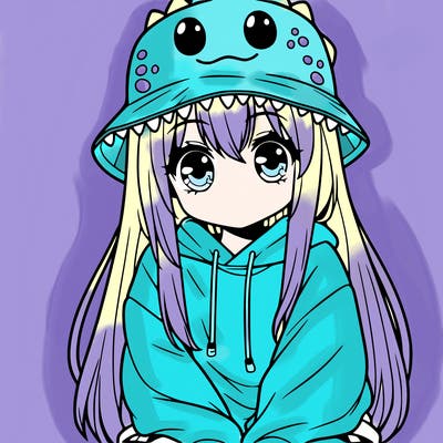 girl with anime shaped eyes with a dinosaur bucket hat oversized sweatshirt long straight hair