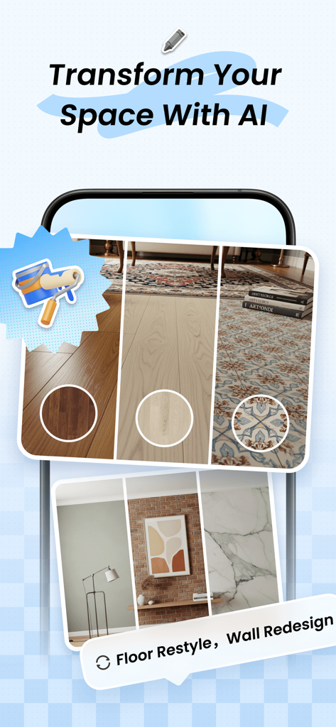 HavenAI app interface showing floor restyling and wall redesign options using AI