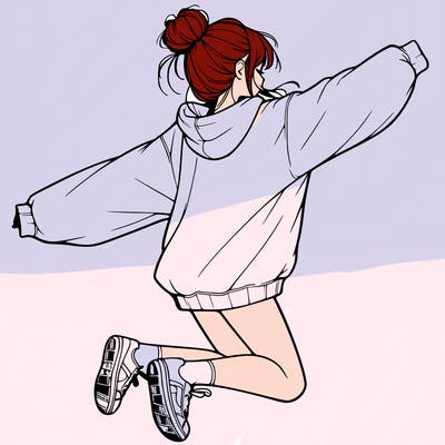 realistic girl jumping with a bun and oversized sweatshirt