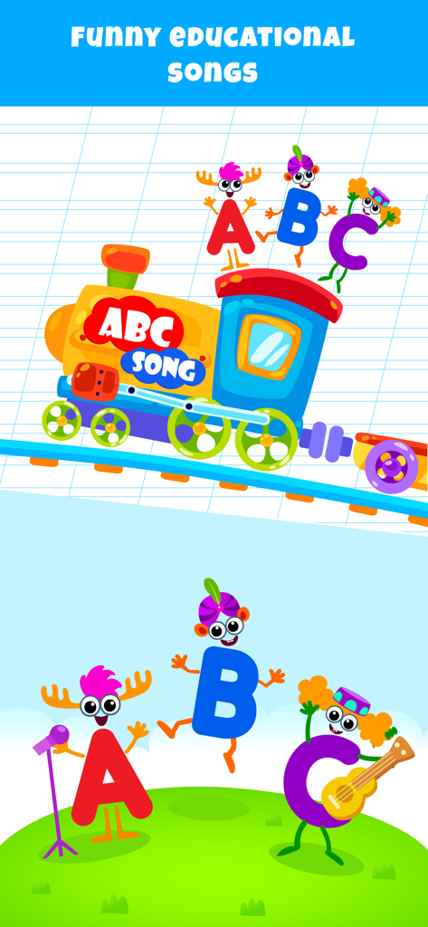 ABC Alphabet Games for Kids - Le lettere animate A B e C che cantano su un trenino giocattolo e una collina.