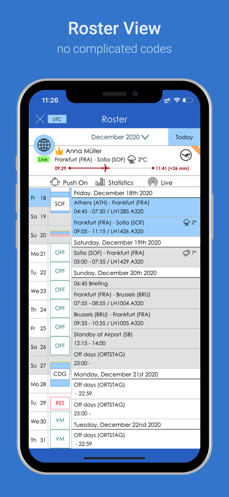 FollowMe - Share your roster - A mobile interface showing a detailed airline crew flight roster with scheduled flights and off days.