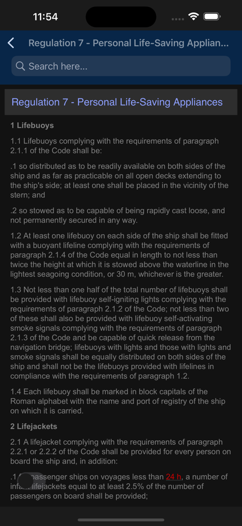 Schermata dello smartphone che mostra la Regolamentazione 7 riguardante i dispositivi personali di salvataggio nell'app SOLAS Consolidato.