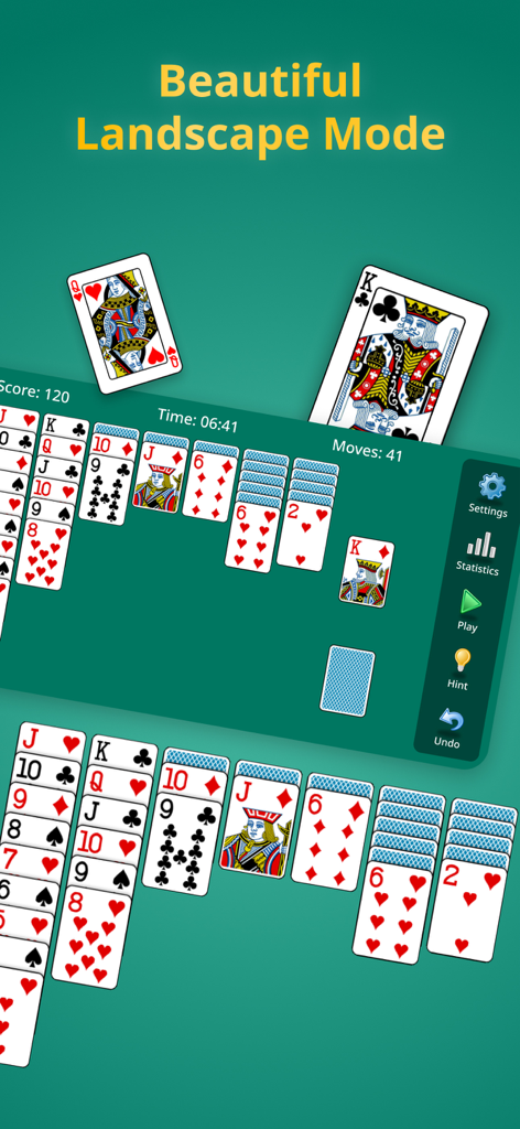 Interfaz de juego de Solitaire Klondike Classic mostrando el modo horizontal con cartas de juego en 3D