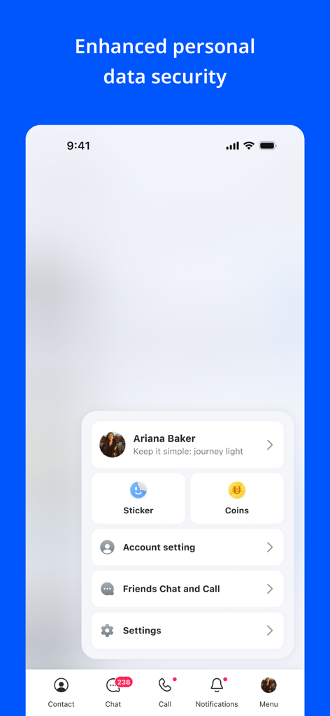 UChat - Messenger - UChat Messenger app menu screen showing profile settings and personal data security banner.