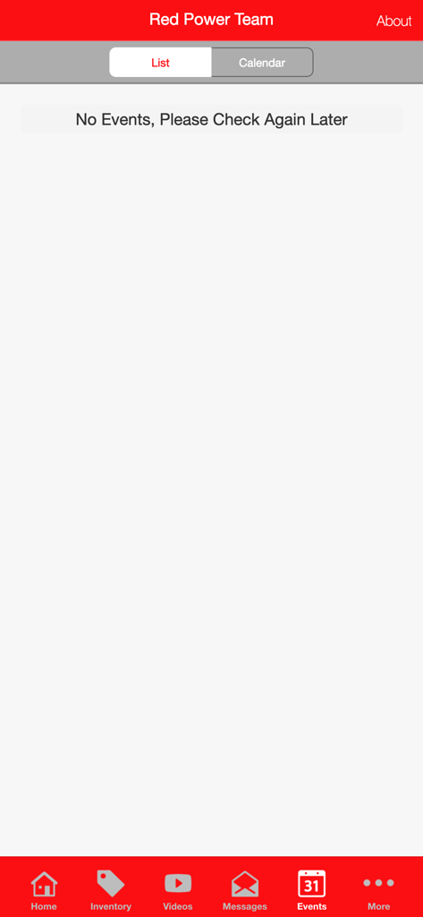Events section of the Red Power Team mobile app showing a list and calendar view toggle
