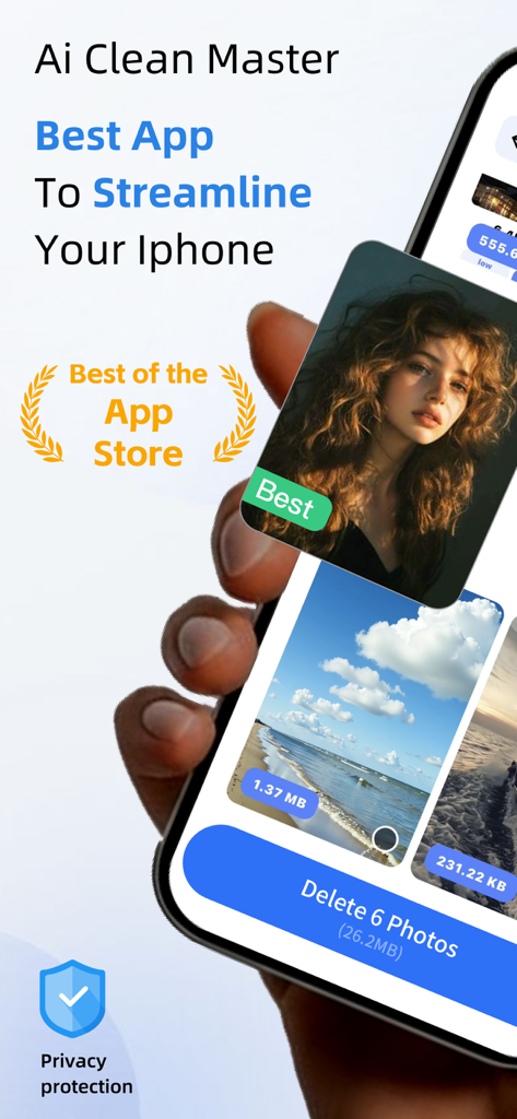 Ai Clean Master: Free Up Space - Ai Clean Master app interface showing photo storage optimization and privacy protection on an iPhone