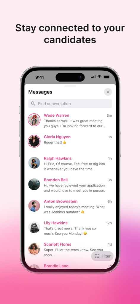 Teamtailor - Teamtailor app mobile interface displaying a list of candidate messages and recruitment conversations
