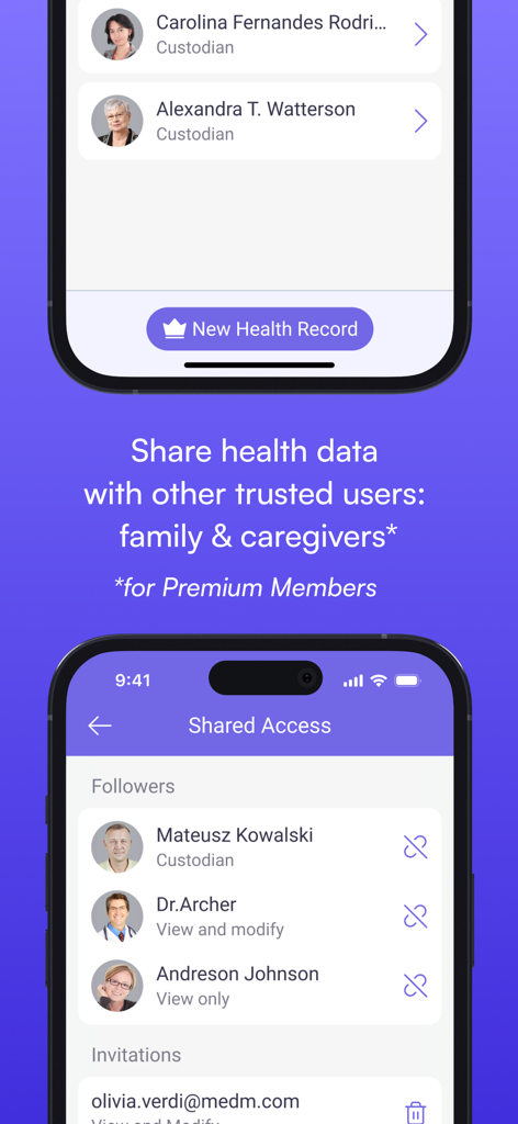 Interface of the MedM app showing the shared access feature for family members and caregivers to monitor health data.