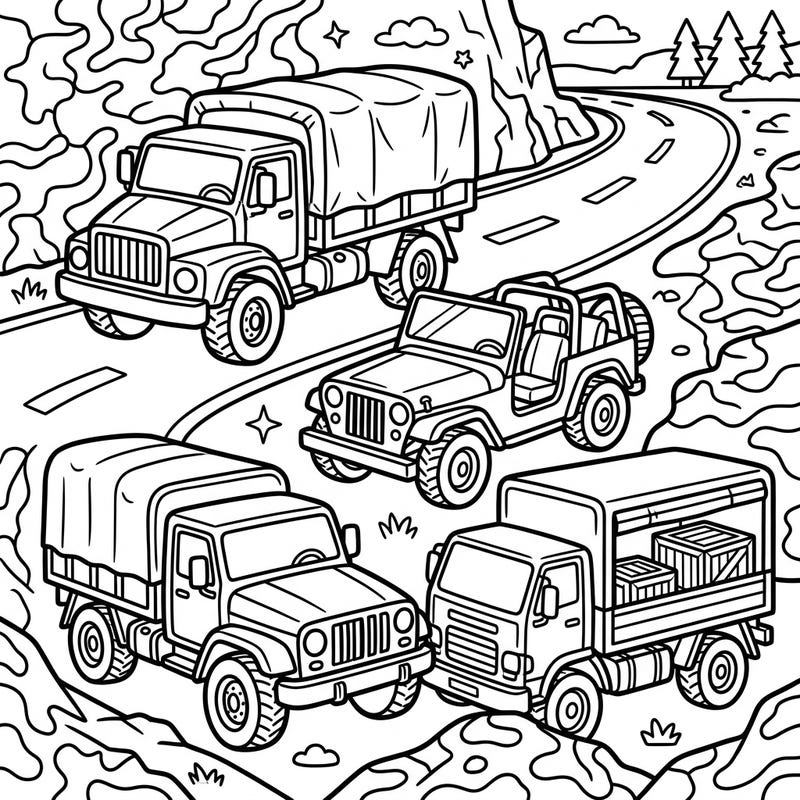 Gear up for an exciting coloring mission with this detailed page featuring various military transport vehicles. Bring these powerful trucks, jeeps, and utility vehicles to life with your favorite colors.