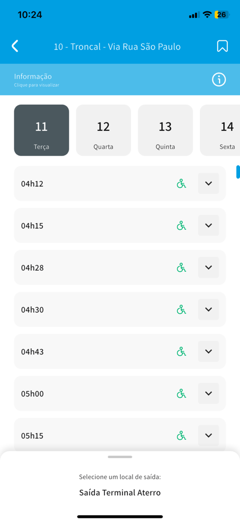 BluMob - BluMob app interface showing a list of bus departure times and accessibility icons for a specific transit route.