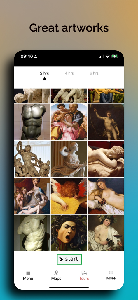 Galleria Uffizi Audio - Mobile app screen showing a grid of Uffizi Gallery artworks with options to choose a tour duration