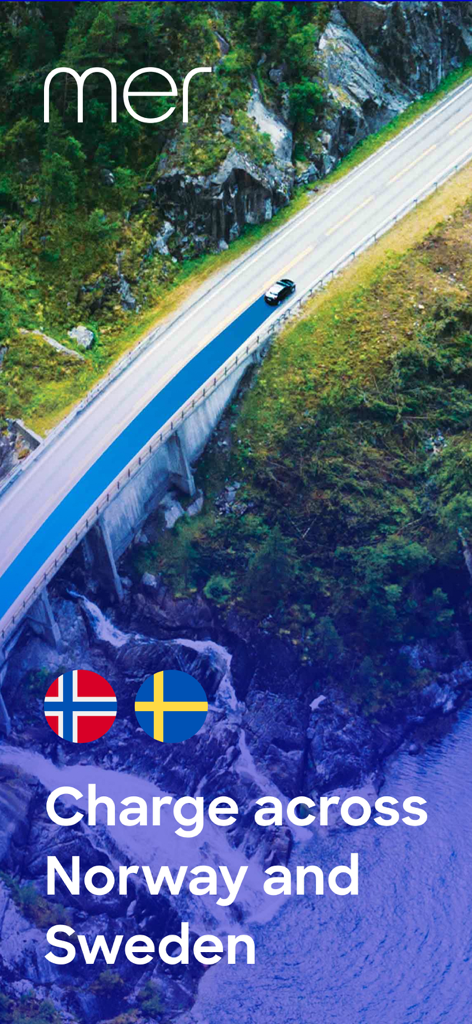 Mer Connect Norway - A car driving on a scenic road in Norway with flags of Norway and Sweden advertising the Mer Connect EV charging app