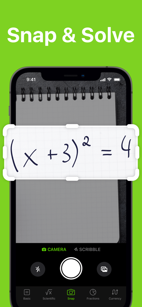 Calculator +ㅤ - Schermata di uno smartphone che cattura un'equazione matematica scritta a mano utilizzando la funzione Snap and Solve nell'app Calcolatrice plus.