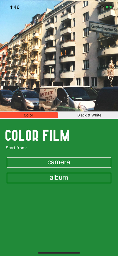 Film scanner Pro - Interface of Film scanner Pro app showing color film scanning options with buttons to start from camera or album