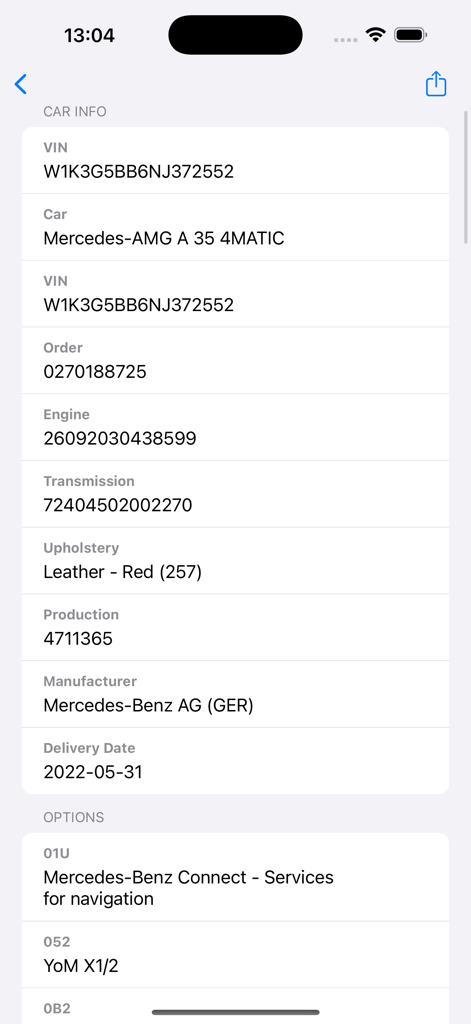 Detailed vehicle specifications and factory options shown for a Mercedes-AMG A 35 4MATIC in the VIN decoder app.