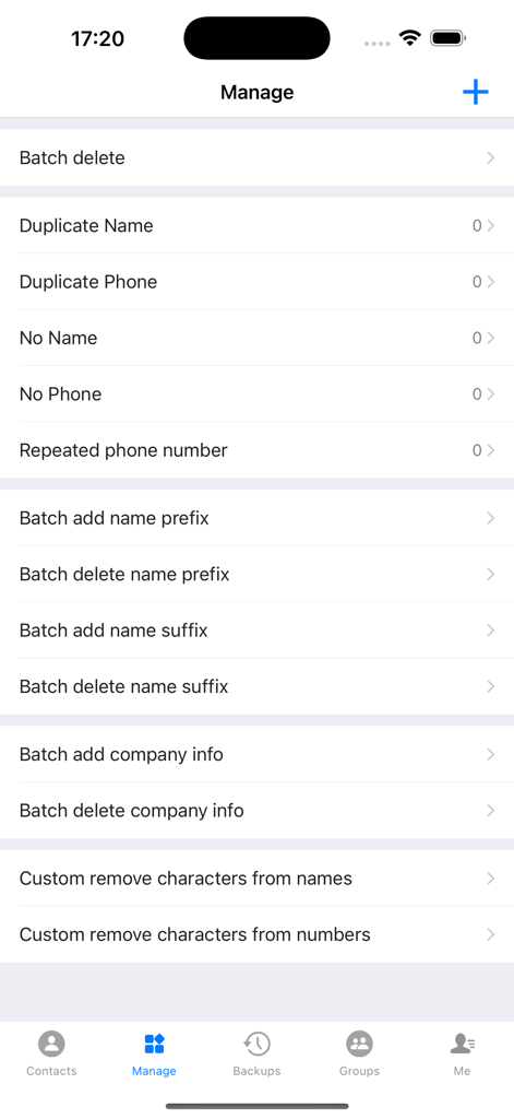 Interface de l'application Contacts Pro montrant les outils de gestion en masse pour supprimer des contacts et fusionner des doublons