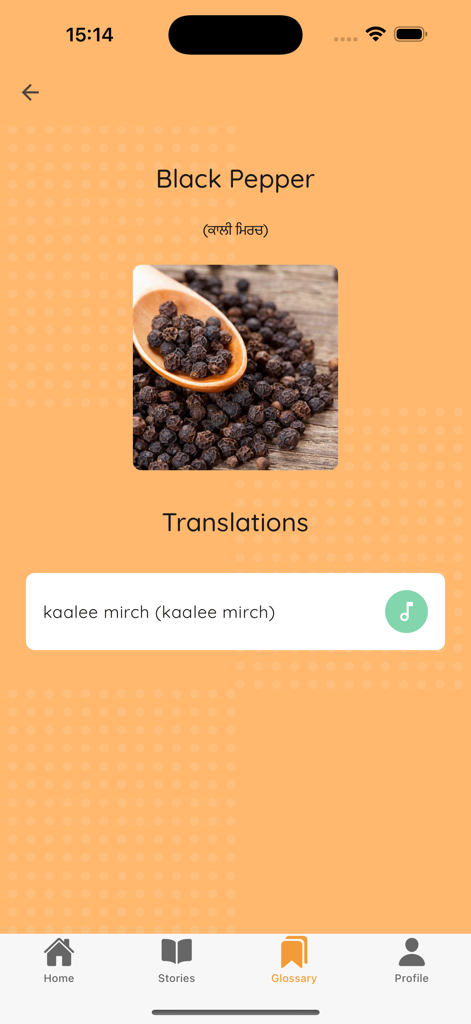 Uma tela de glossário no aplicativo Fluently mostrando a tradução e pronúncia em Punjabi para pimenta preta com escrita Gurmukhi.
