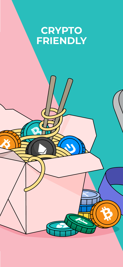 Bankera – Mobile Banking - Graphic illustration of various cryptocurrency coins in a takeout box representing Bankeras crypto friendly banking features