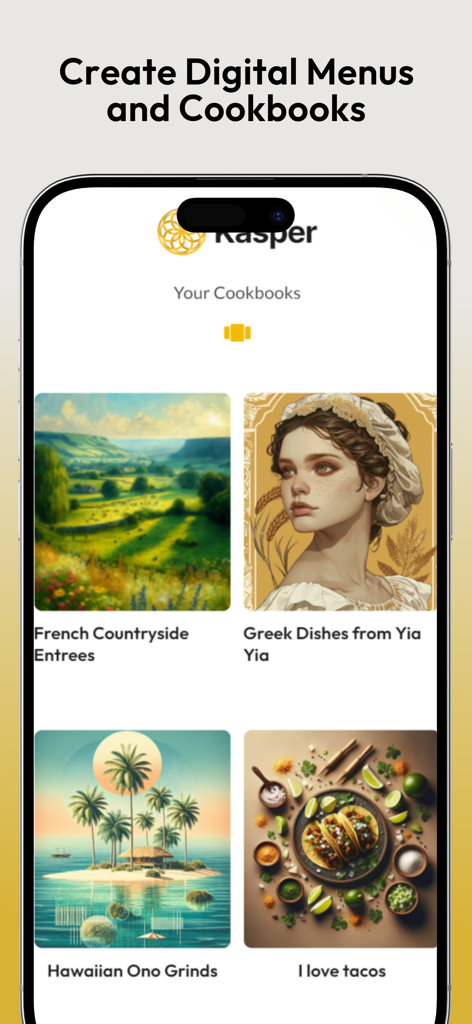 Kasper AI Master Private Chef - Interfaz de la aplicación Kasper AI que muestra libros de cocina digitales organizados y menús personalizados