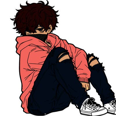 a male hoddie ripped jeans messy hair anime