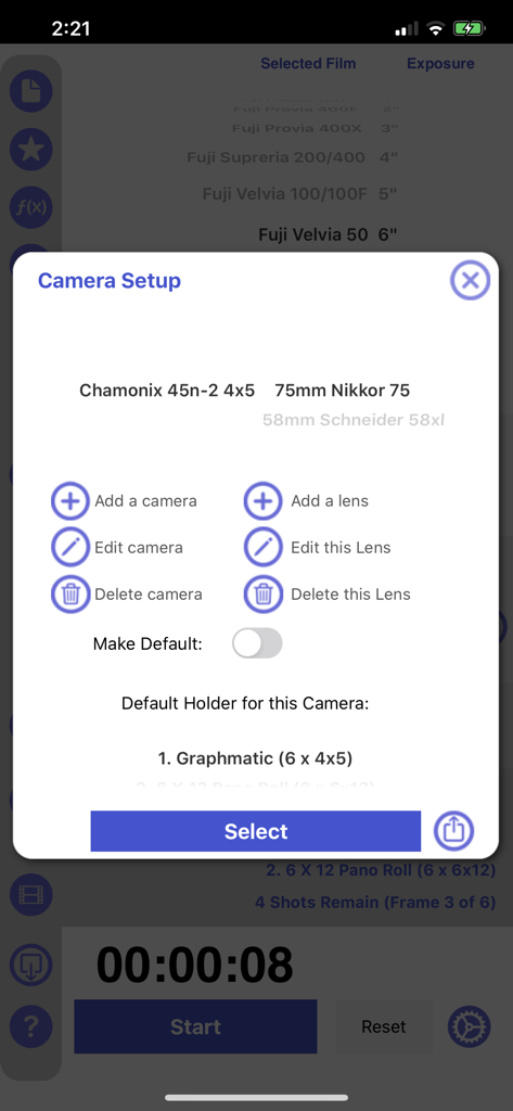 Camera and lens setup interface within the Reciprocity Timer mobile app