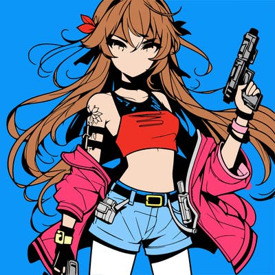 bad girl wearing crop top holding a gun long hair anime