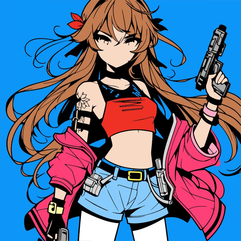 bad girl wearing crop top holding a gun long hair anime