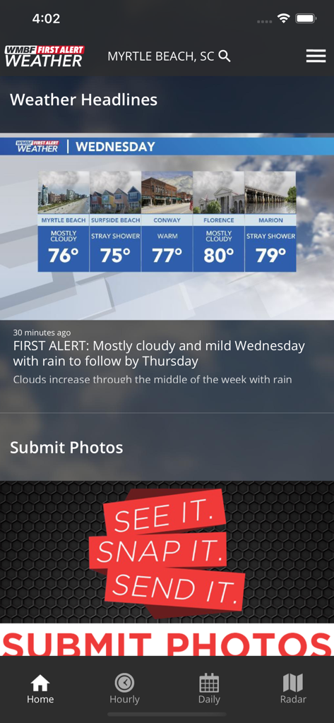 WMBF First Alert Weather - WMBF First Alert Weather app home screen showing local weather headlines and forecasts for Myrtle Beach and surrounding South Carolina areas
