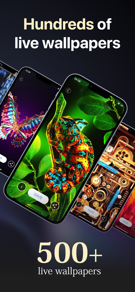 Showcase of hundreds of vibrant live wallpapers for iPhone including a colorful chameleon and butterfly