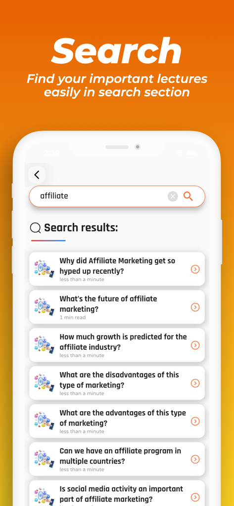 マーケティング講義の検索結果を表示するアフィリエイトマーケティングアプリのインターフェイス。
