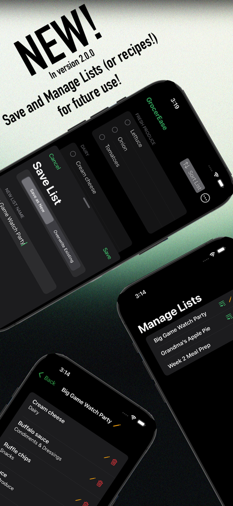 GrocerEase: Shopping Assistant - Capturas de pantalla de la aplicación GrocerEase que muestran la función de guardar y administrar listas para compras organizadas