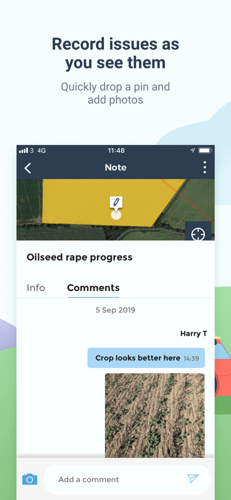 Interfaccia dell'app mobile che mostra una nota agricola con un segnaposto GPS su una mappa e una foto del campo del progresso della coltura.