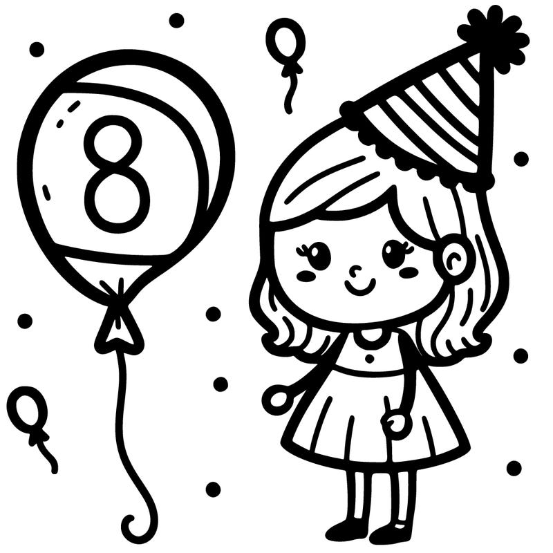 a girl with a party hat and an eight balloon next to them