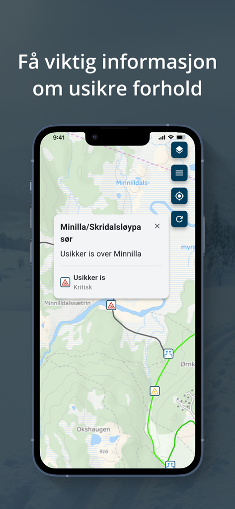 Skiappen - Smartphone screen displaying Skiappen trail map with safety alerts for uncertain ice conditions on Norwegian ski tracks