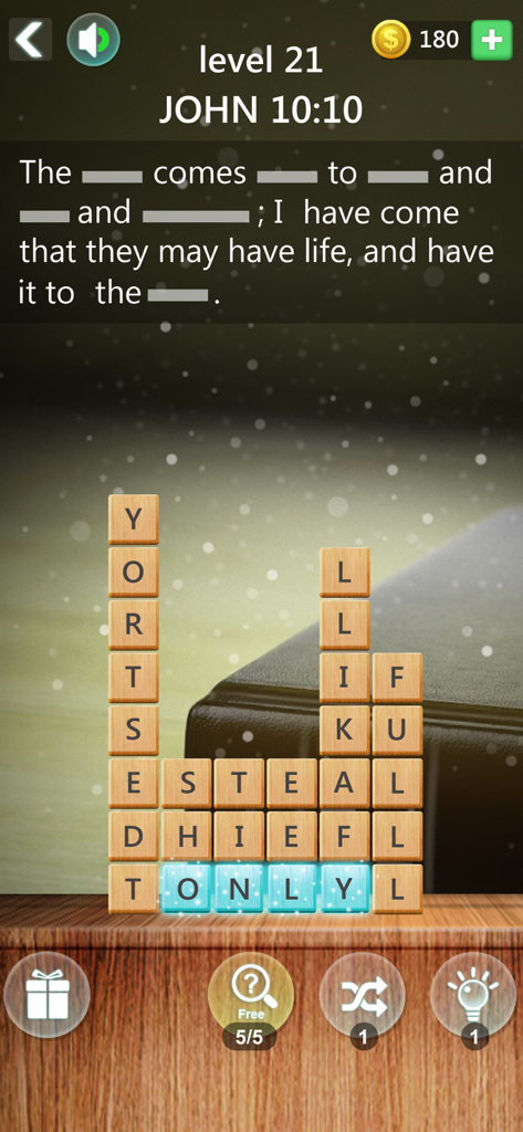 Bible word verse stack puzzle - Gameplay screen of a Bible word puzzle showing a verse from John 10:10 with letter tiles to solve.
