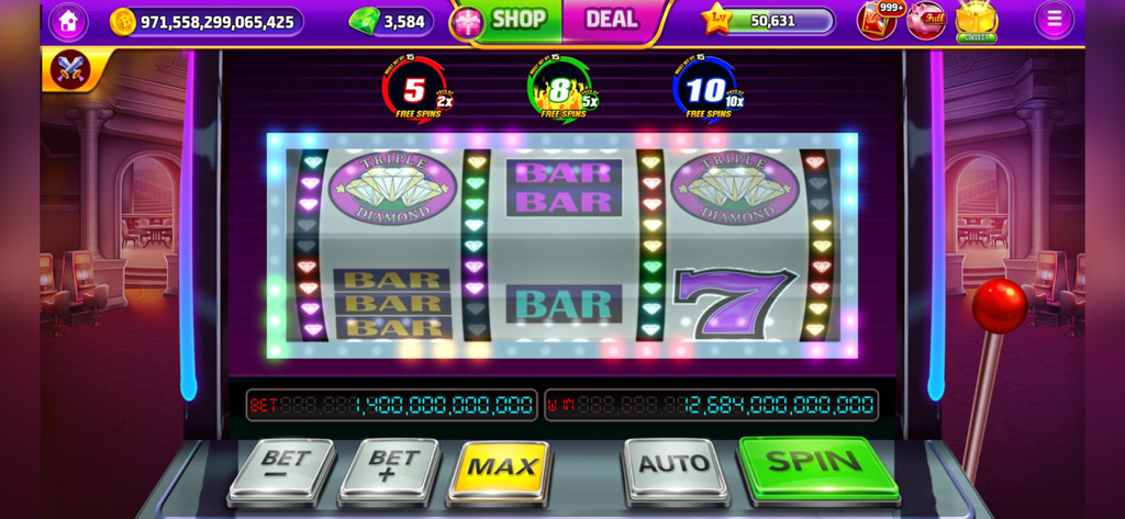 Bravo Classic Slots:777 Slots - A classic three-reel slot machine gameplay screen in Bravo Classic Slots featuring Triple Diamond, BAR, and 7 symbols with casino interface controls