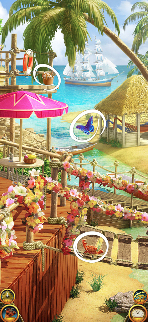 Tropical beach hidden object scene with a blue butterfly and a sailing ship in the background
