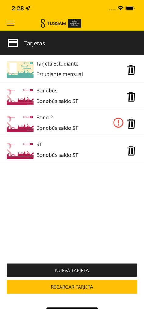 List of public transport cards in the AppTUSSAM mobile app.