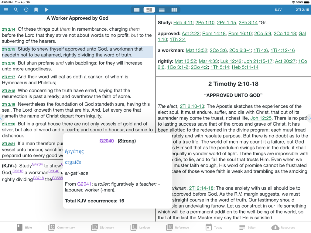 Interfaz de e-Sword HD en iPad mostrando versículos bíblicos con una ventana emergente de definición del léxico griego de Strong.