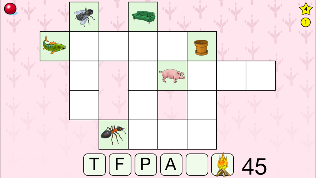 Cross Fun - Kids educational spelling game showing a crossword puzzle with visual icons and letter tiles