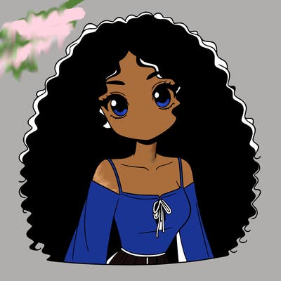 a black anime girl with long afro hair