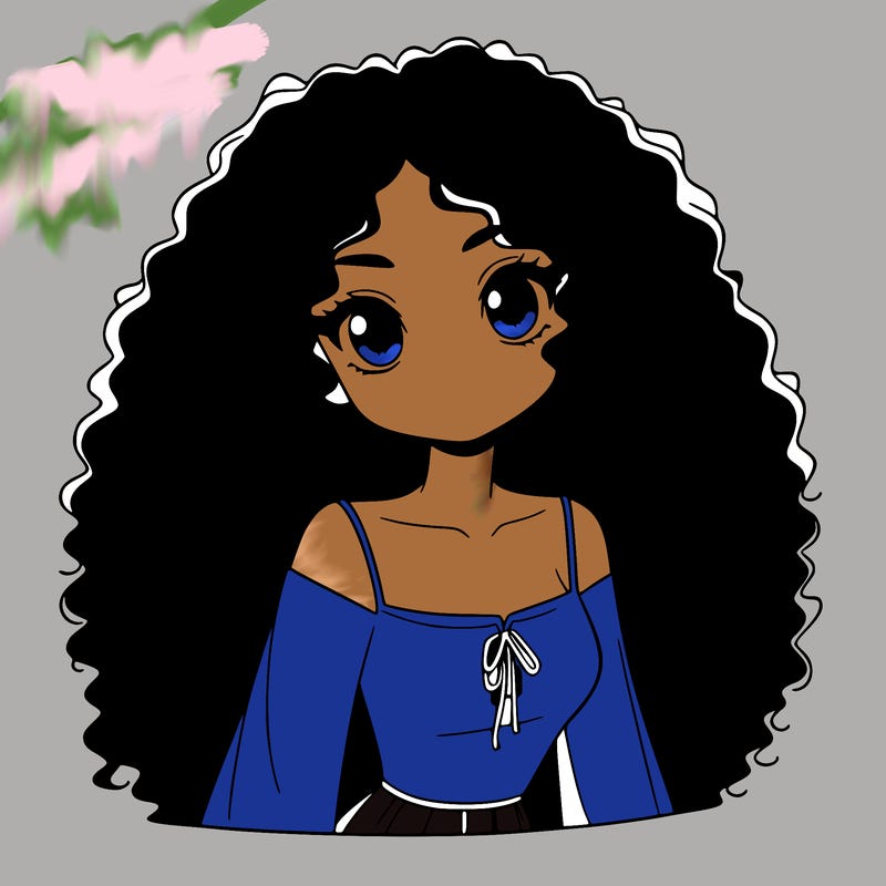a black anime girl with long afro hair