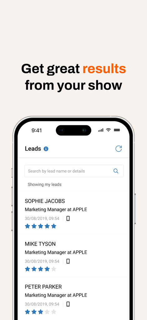 RX Lead Manager (Emperia) - RX 리드 매니저 앱에 이름과 별 등급이 표시된 무역 박람회 리드 목록 표시